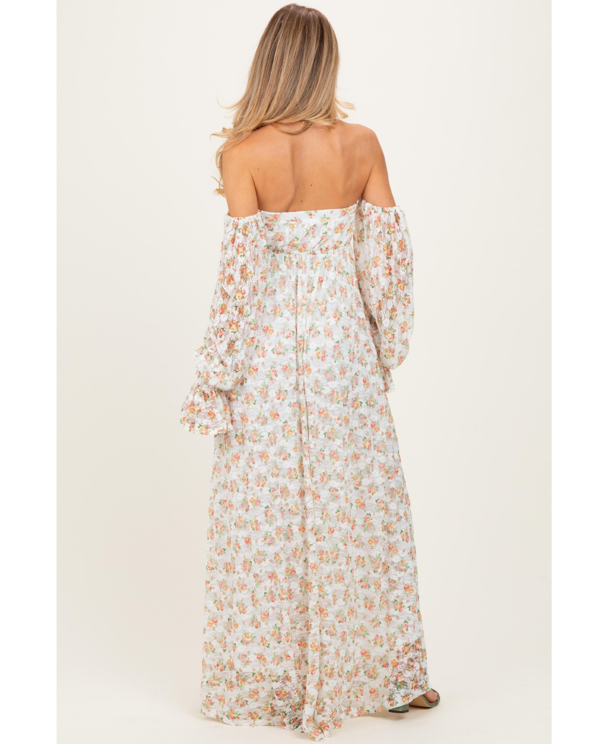 Pinkblush Maternity Orange Floral Lace Smocked Long Sleeve Off Shoulder Maxi Dress