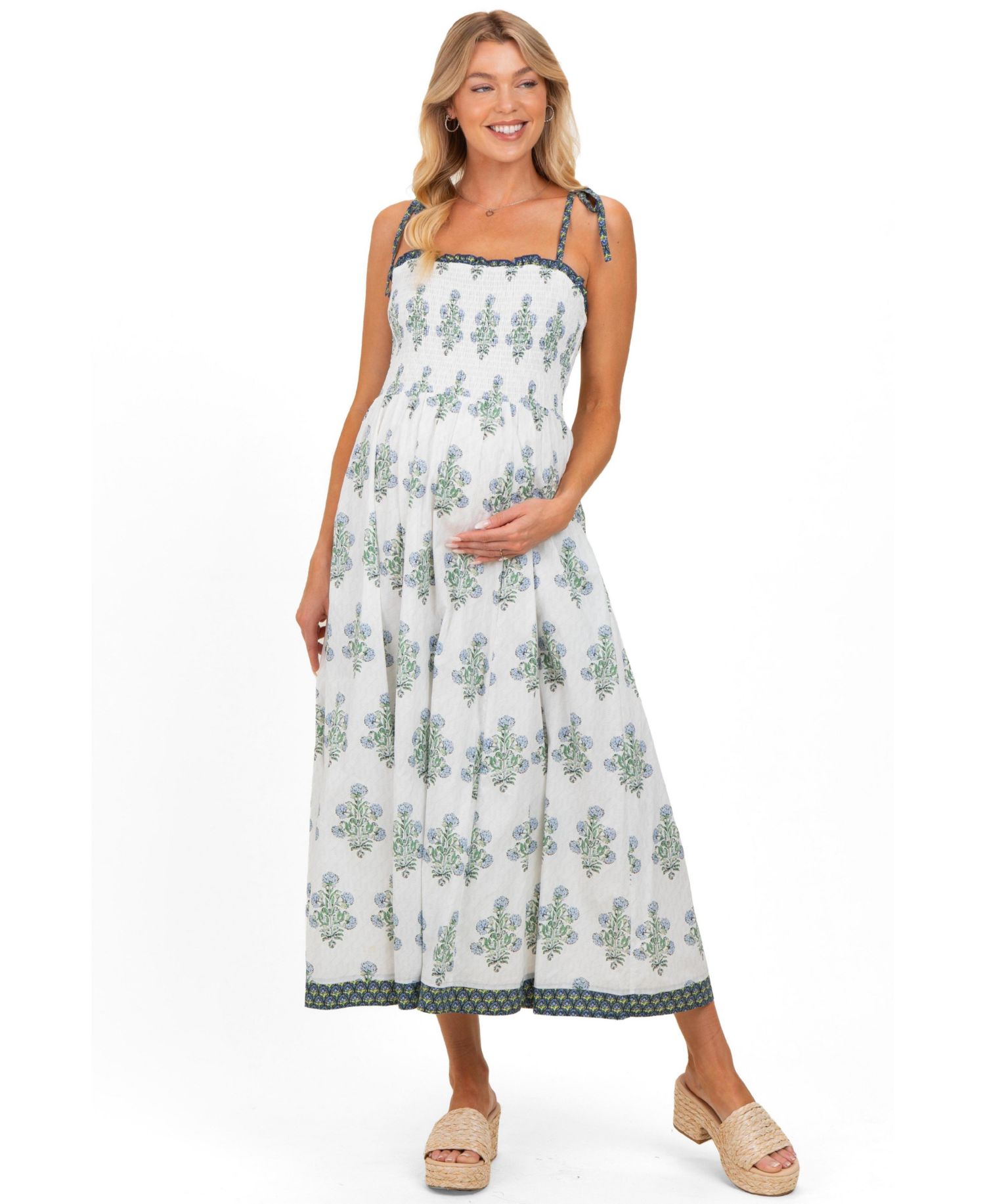 Women's Off White Floral Smocked Shoulder Tie Maxi Dress