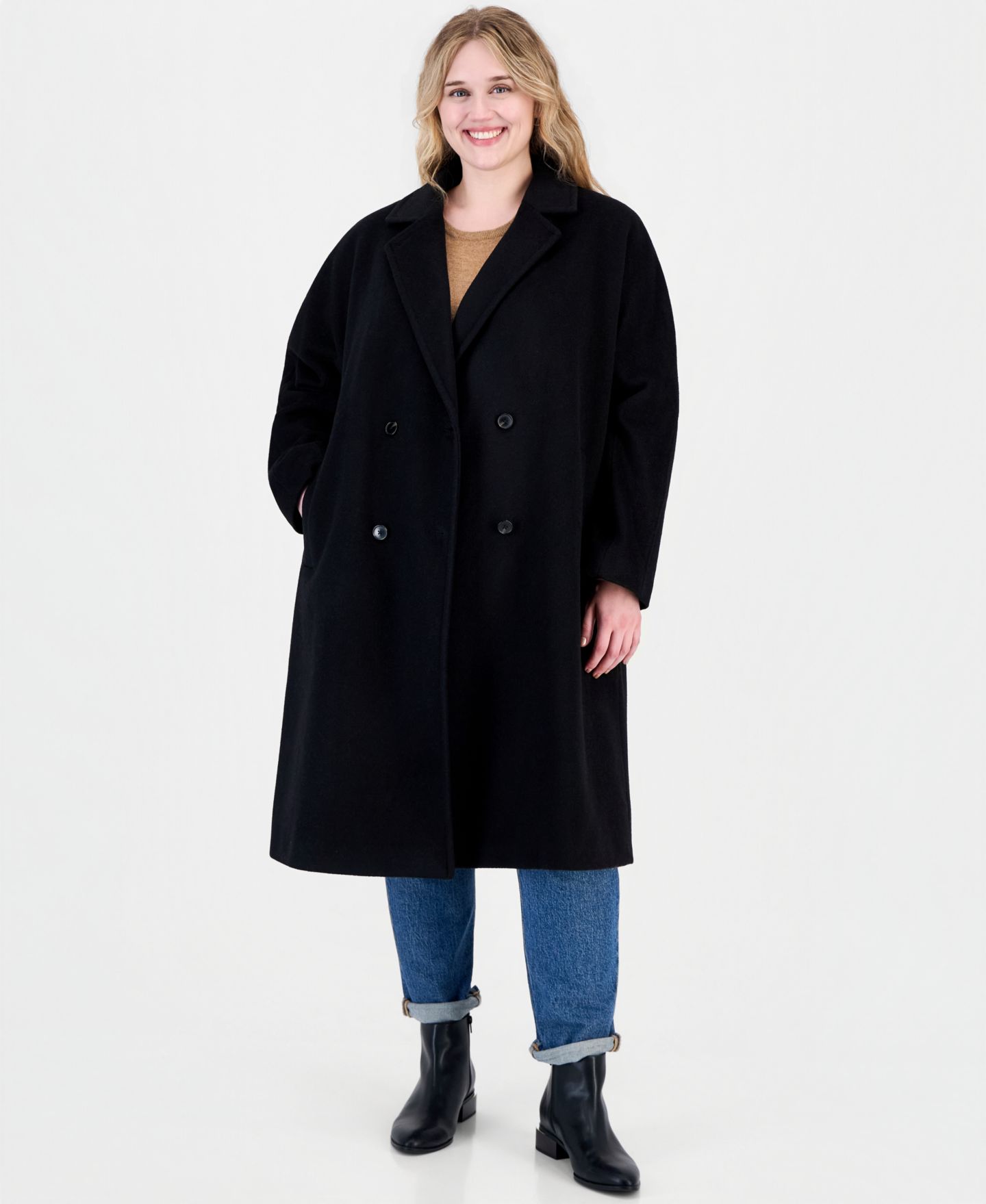Женское пальто Calvin Klein Plus Size Double-Breasted Wool-Blend Notch Collar, цвет: Чёрный — фото 1