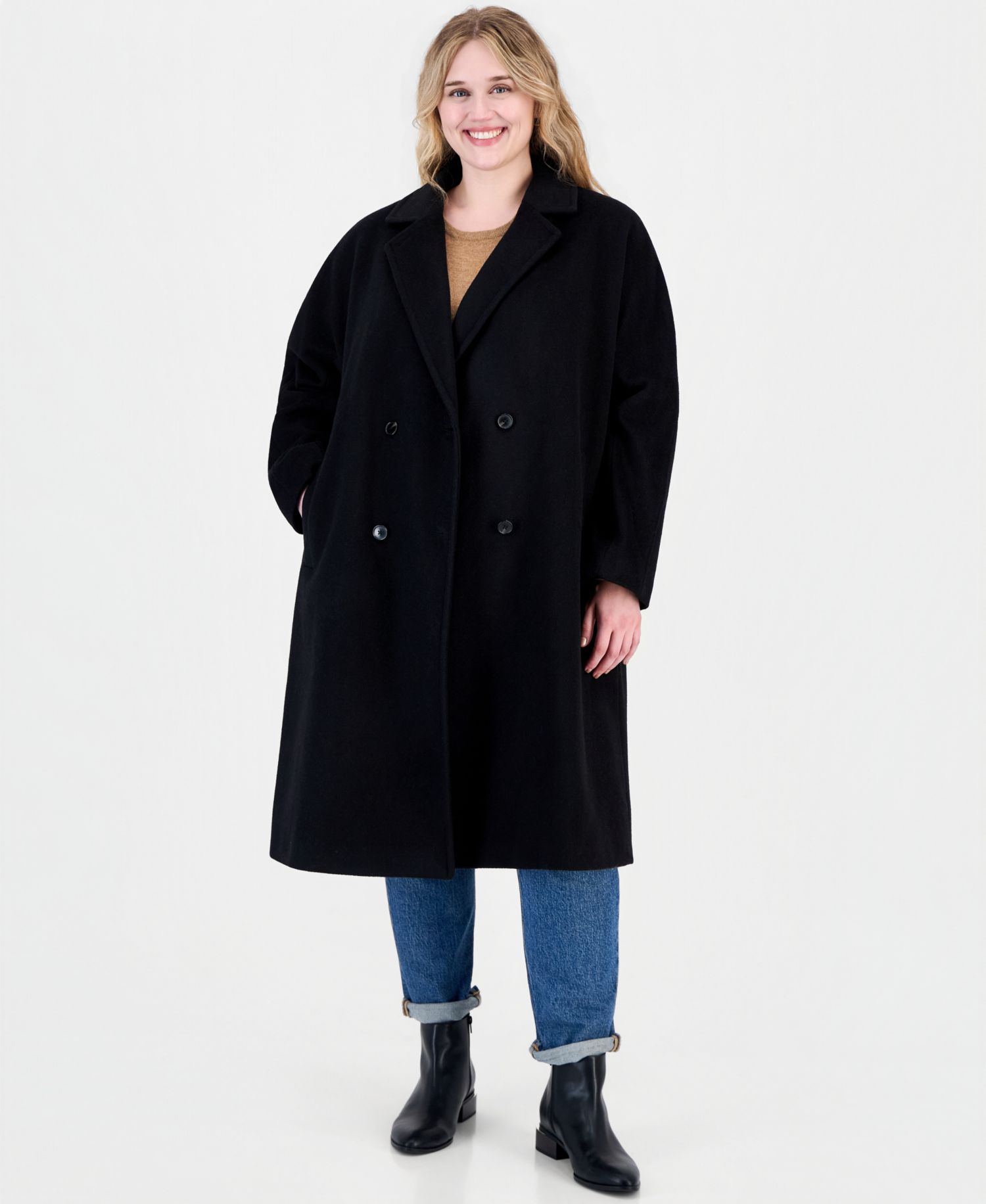Plus Size Double-Breasted Wool-Blend Notch Collar Coat