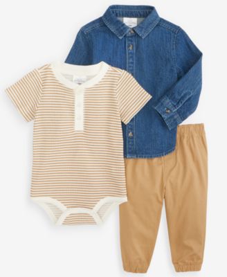 Baby Boys' 3M-24M Chambray Shirt, Striped Henley Bodysuit and Pants, 3-Piece Set