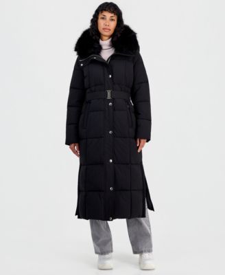 Women's Hooded Puffer Belted Faux-Fur-Collar Coat