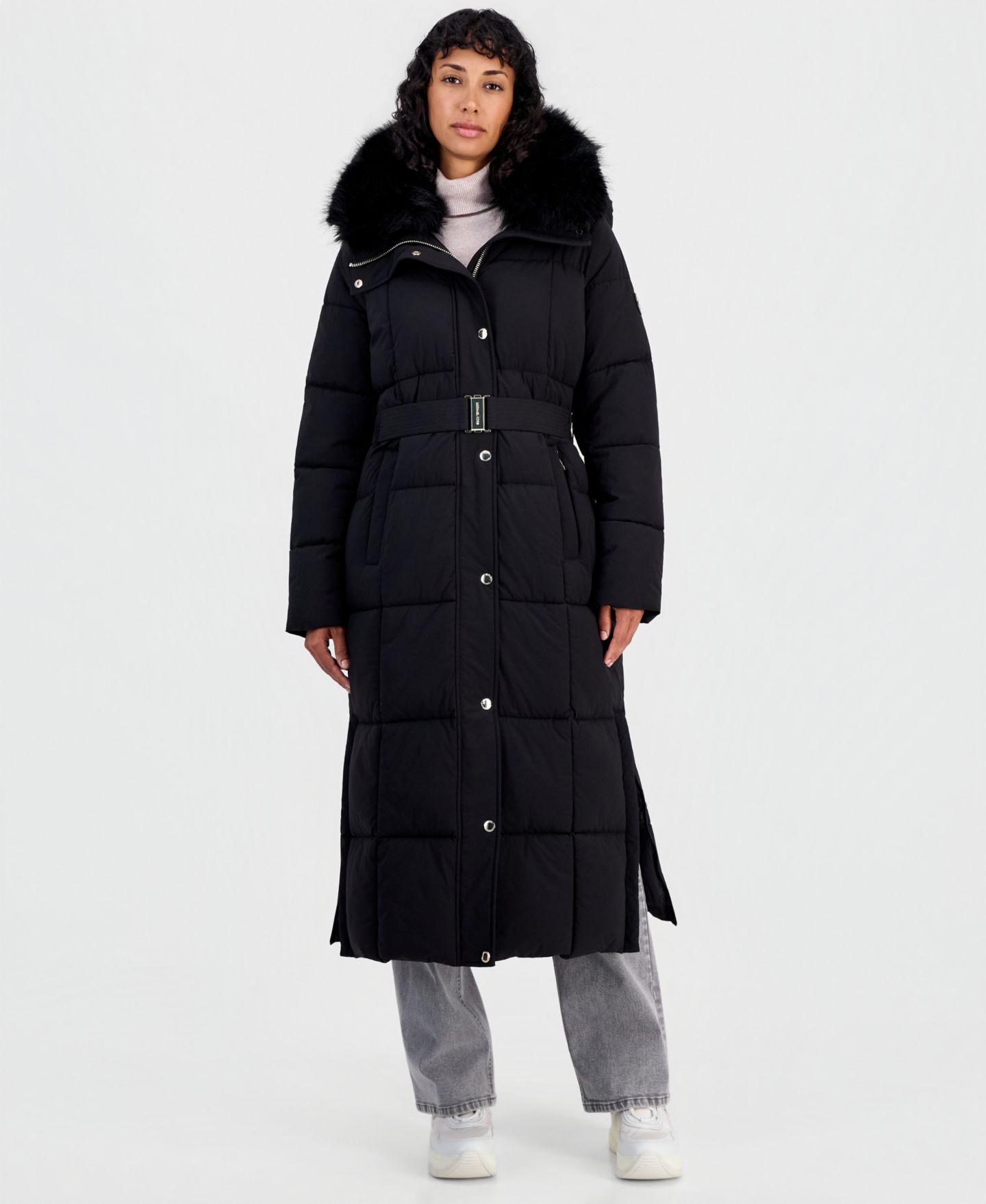 Женская куртка Michael Kors Hooded Puffer Belted Faux-Fur-Collar, цвет: Чёрный — фото 1