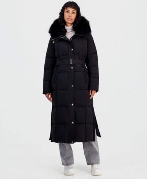 Женская куртка Michael Kors Hooded Puffer Belted Faux-Fur-Collar, цвет: Чёрный