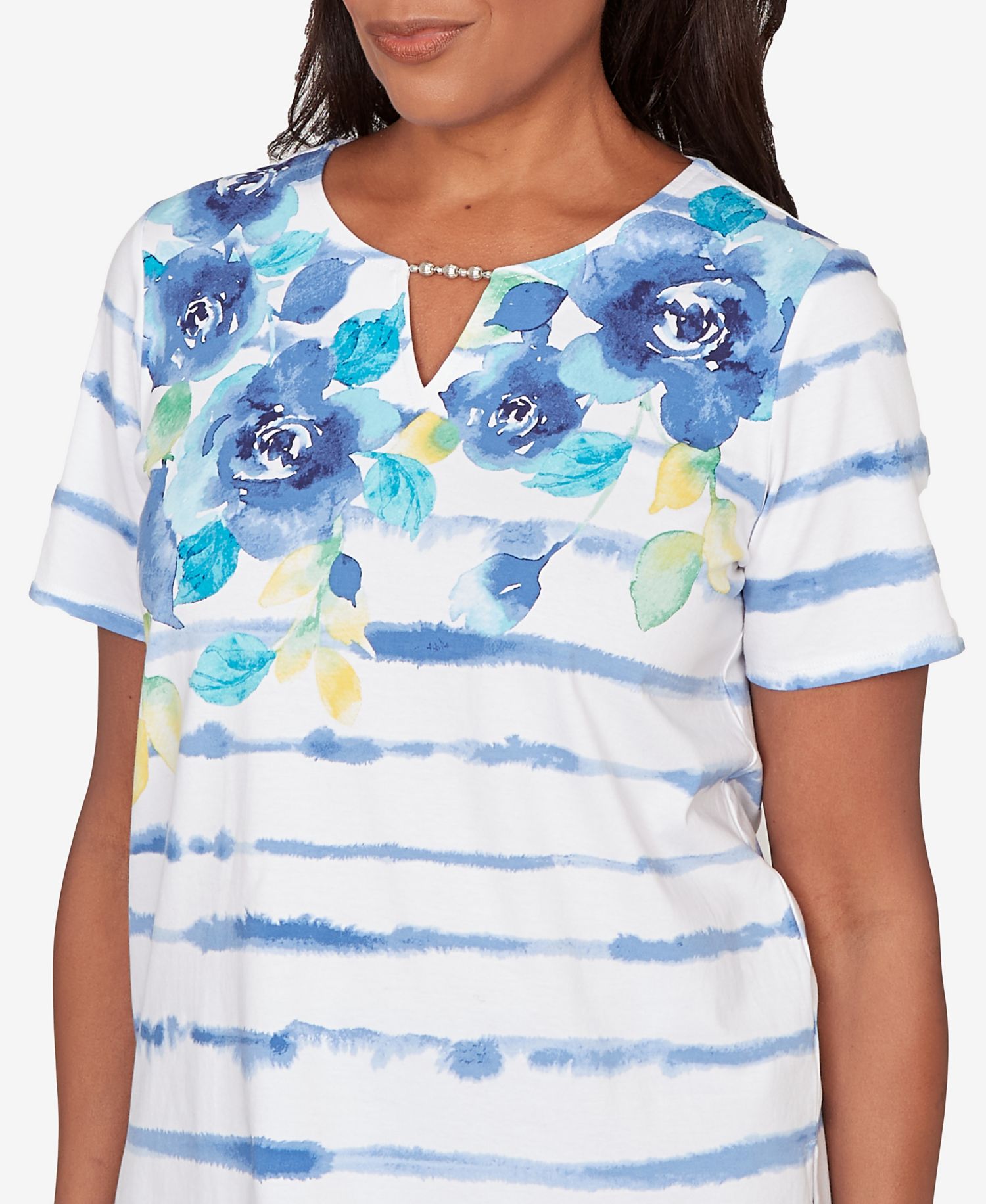 Petite Striped Floral Split Neck Top