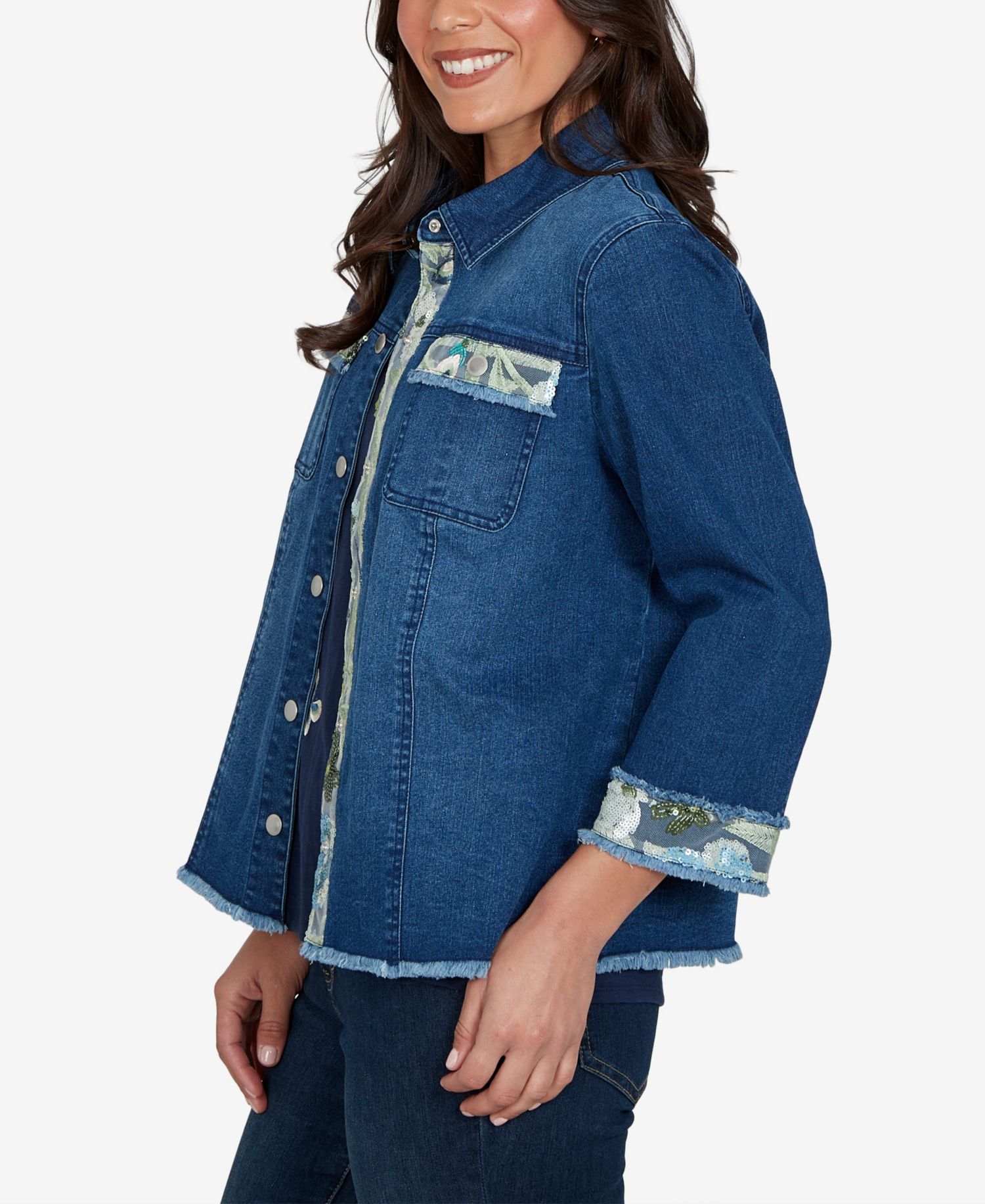 Petite Sequin Embellished Stretch Denim Jacket
