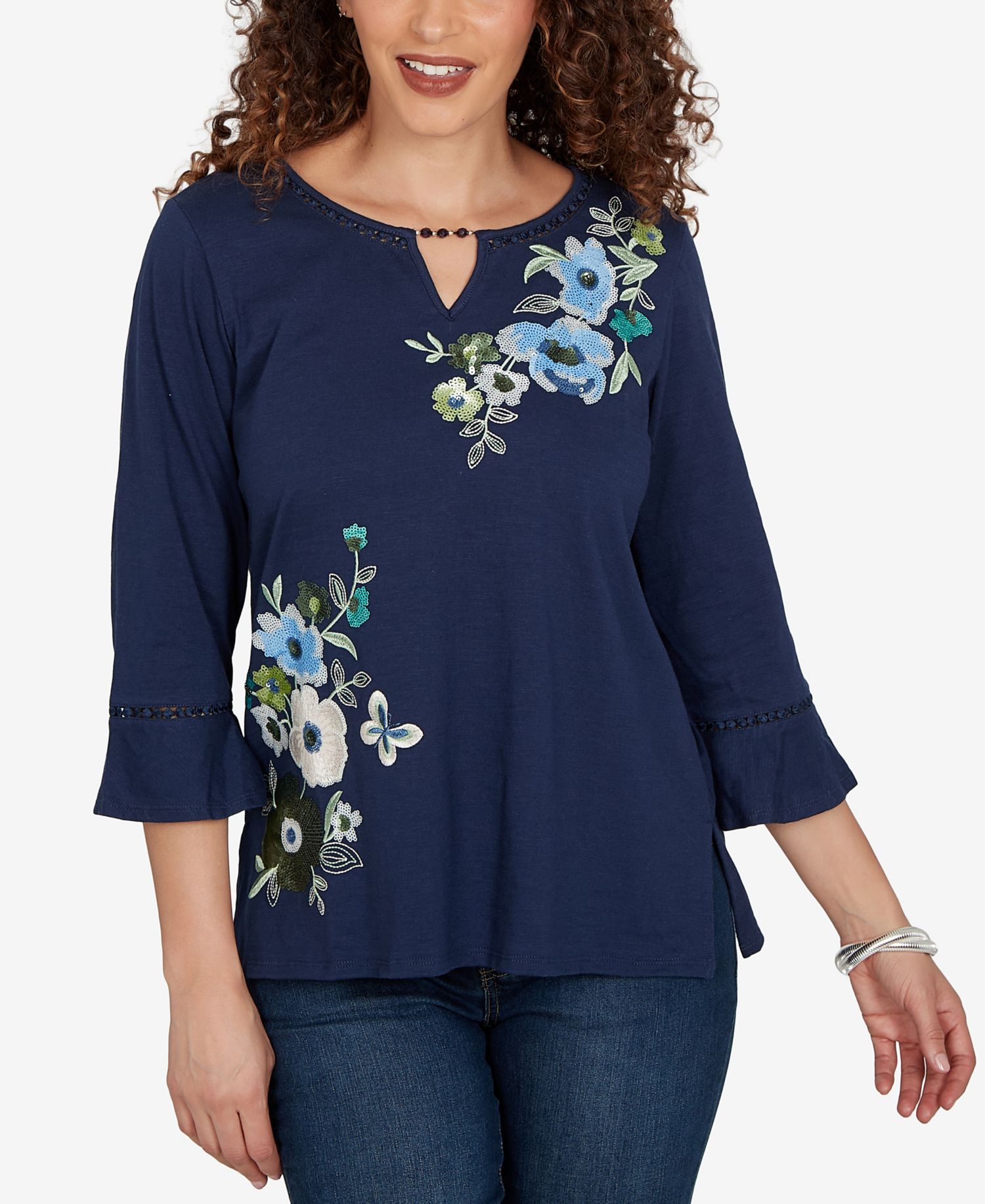 Petite Asymmetric Sequin Flowers Knit Top