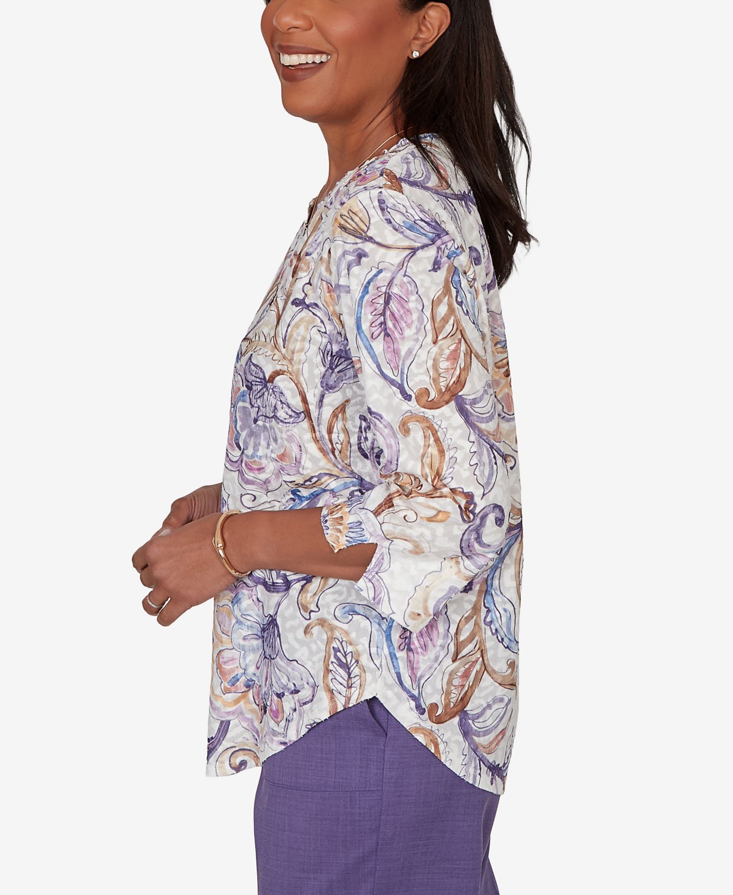 Petite Grand Bazaar Jacobean Floral Split Neck Top