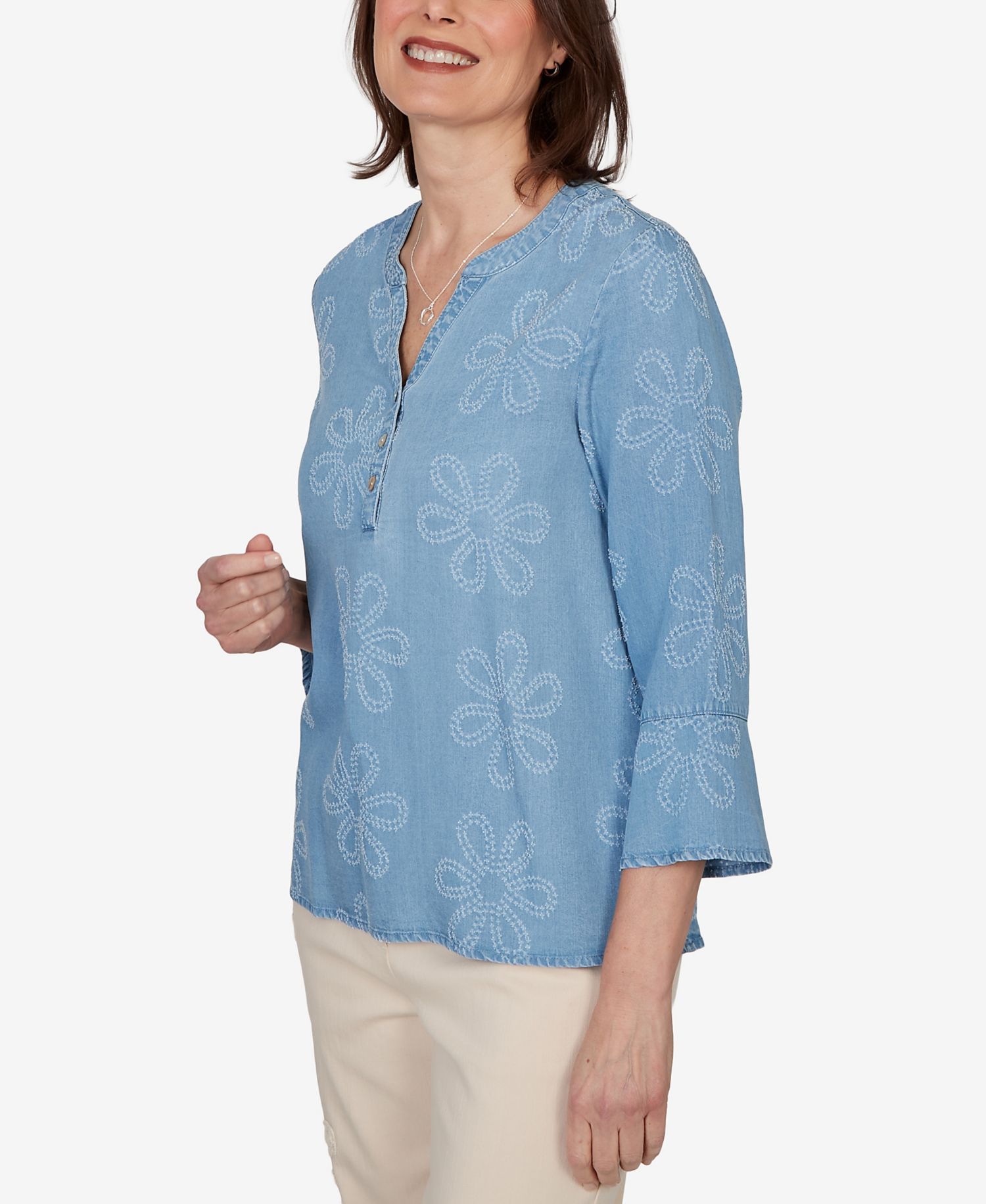 Petite Camden Market Tonal Embroidered Soft Henley Top