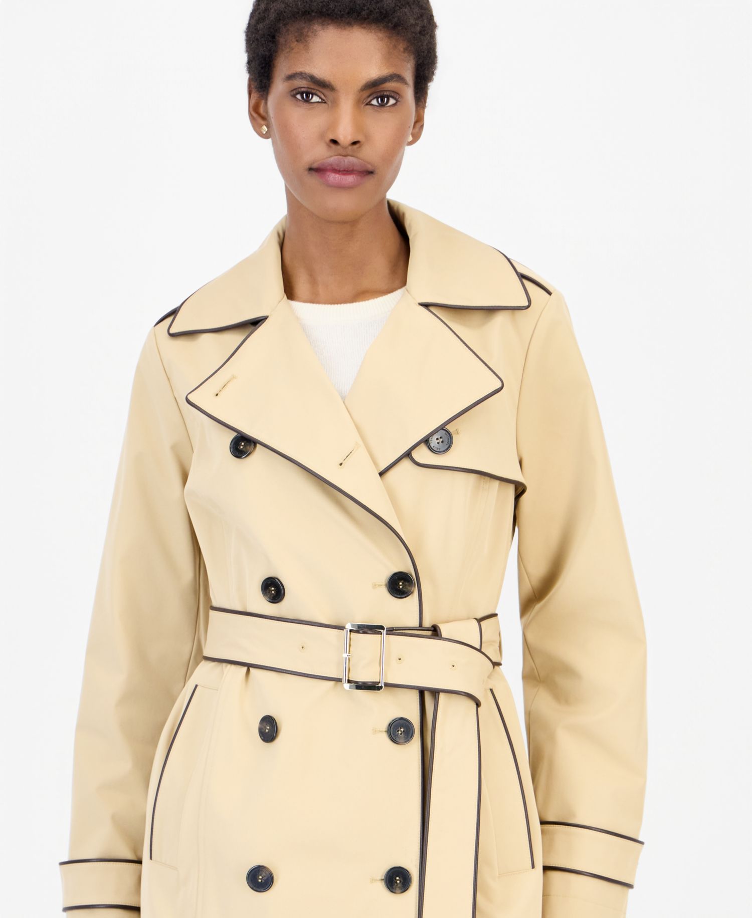 Women's Faux Leather-Trim Button-Front Trench Coat