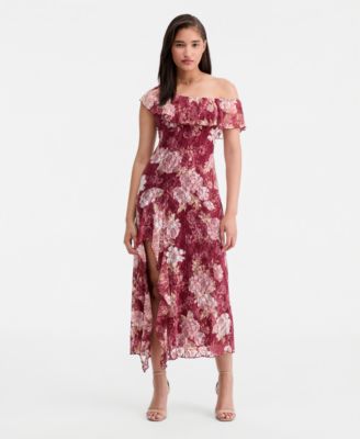 Juniors' Floral Print Lace One-Shoulder Midi Dress