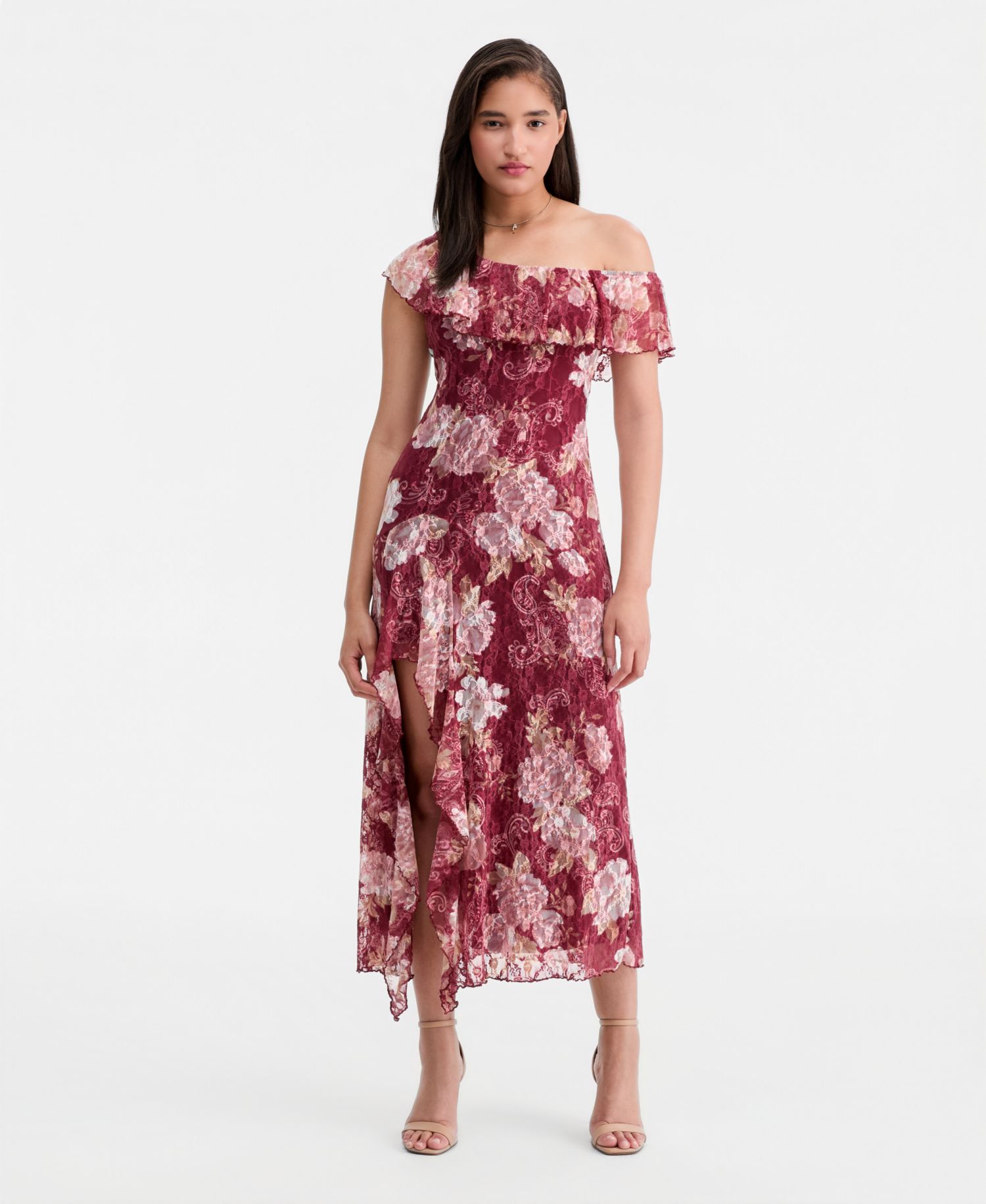 Juniors' Floral Printed Lace One-Shoulder Ruffle Midi Dress