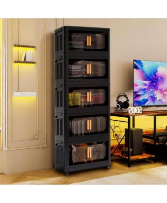 20 Inch Wide 5-Tier Foldable Storage Cabinet with Magnetic Doors and Wheels