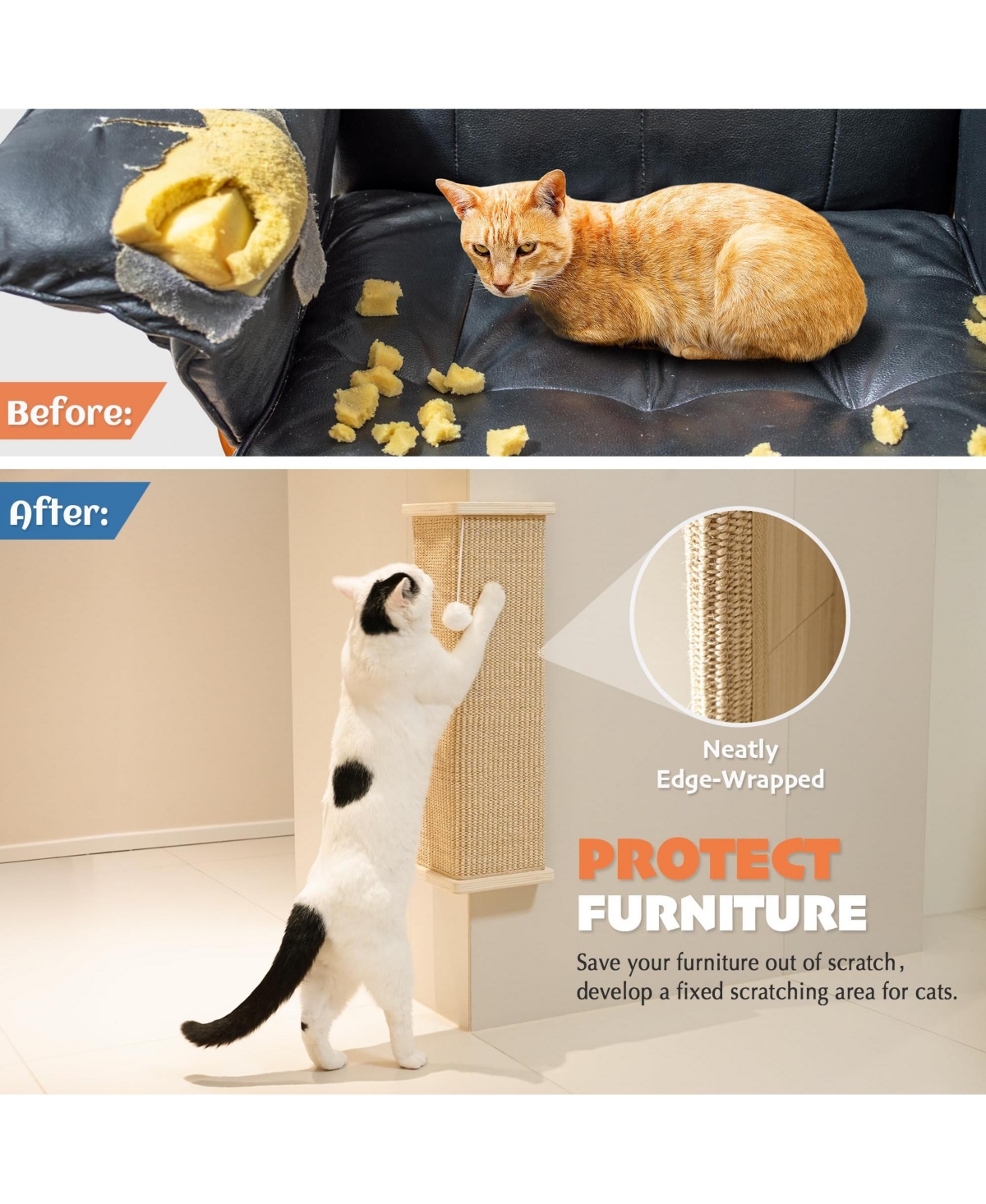 Aronkl Sisal Cat Scratcher with Ball Scratch Pad for Indoor Cats Easy Install Protect Furniture