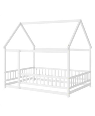 Full Size House Floor Wooden Bed with Roof Frame, Safety Guardrails