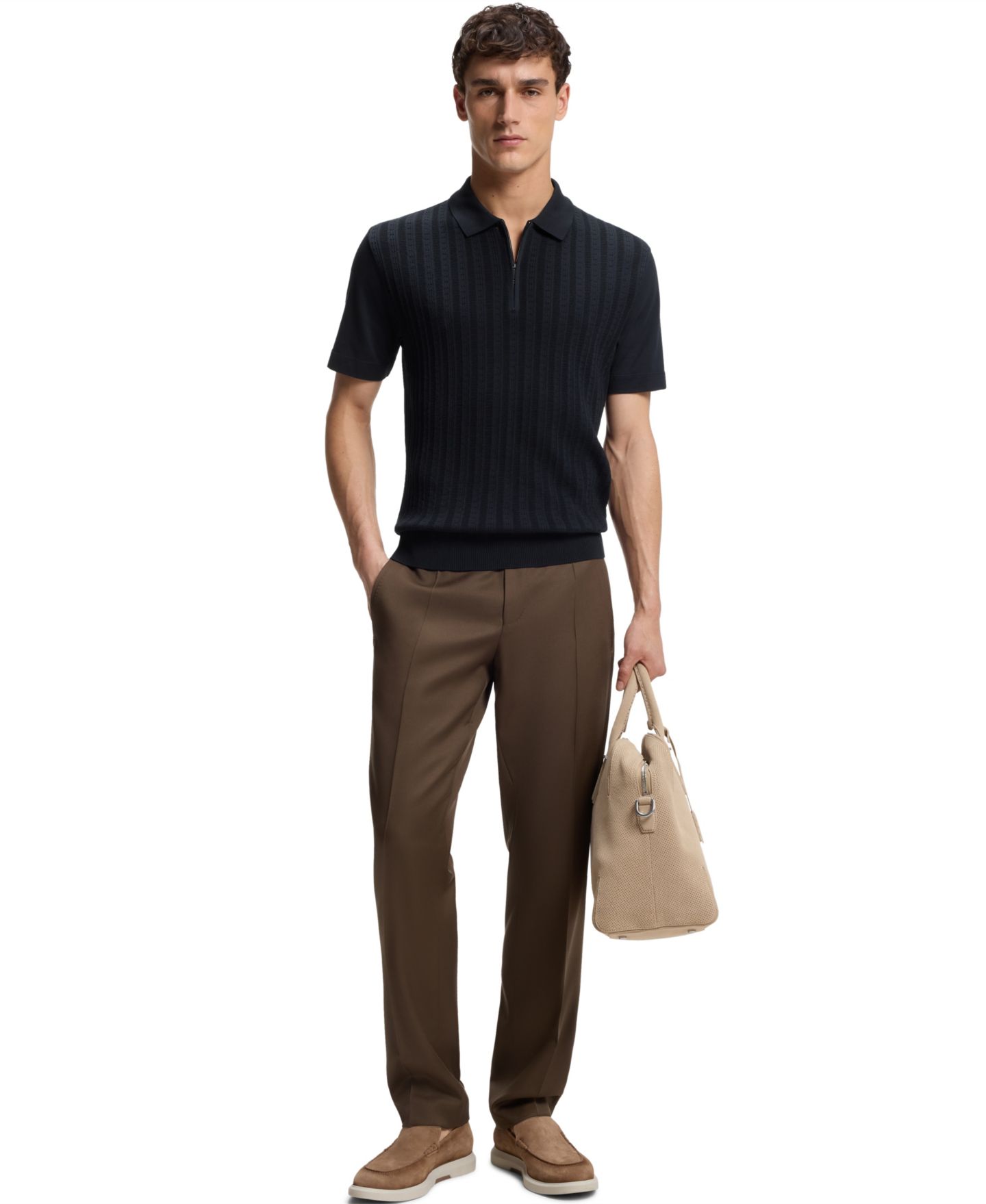 Мужское поло Hugo Boss Cotton-Silk Zip-Neck Polo Shirt, цвет: Тёмный синий — фото 3