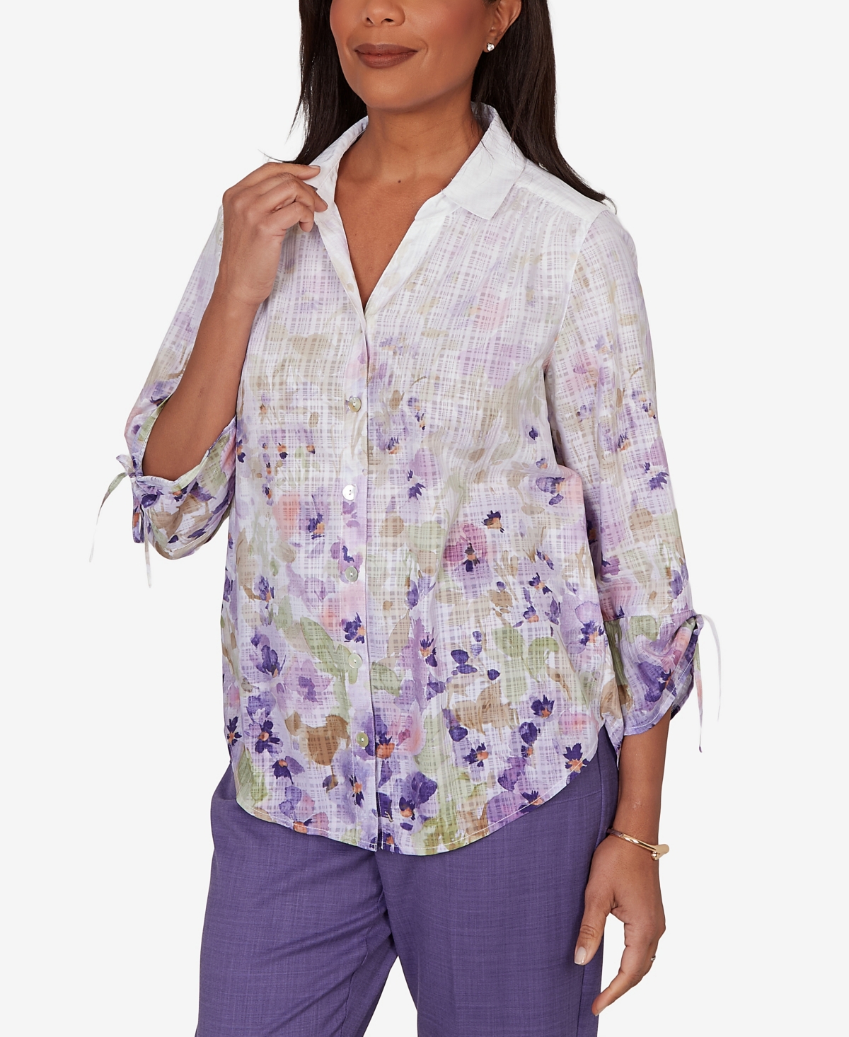 Alfred Dunner Women's Grand Bazaar Floral Ombre Button Down Top