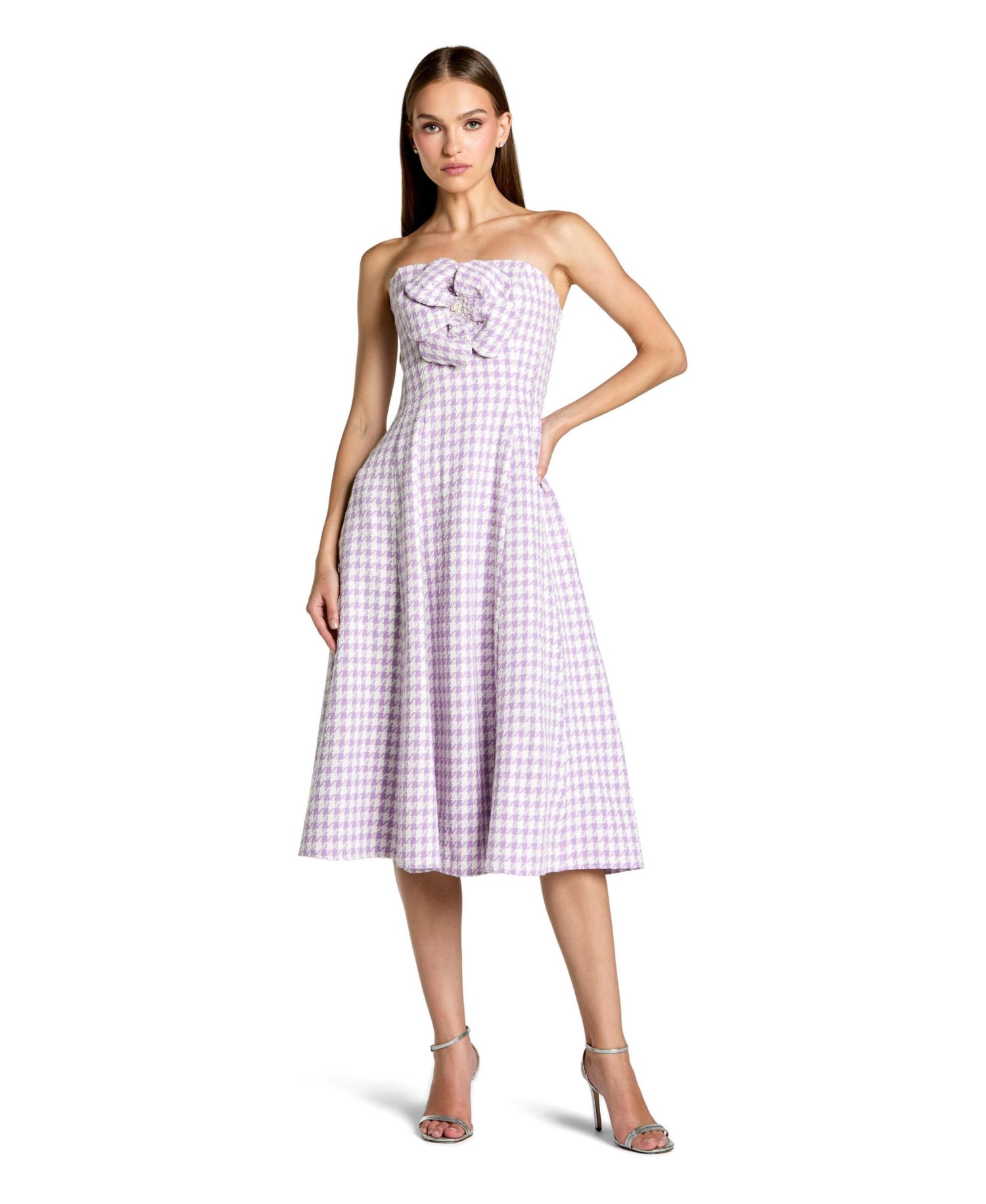 Women's Strapless Boucle Midi Dress with Embellished Floral Detail