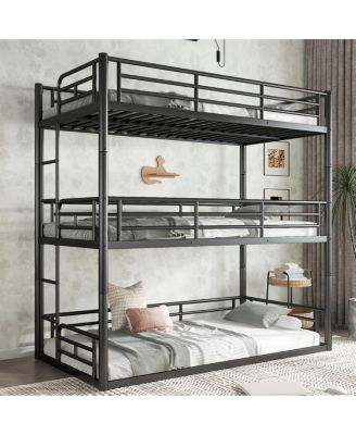  Twin Over Twin Over Twin Metal Triple Bunk Bed with Safety Guardrails