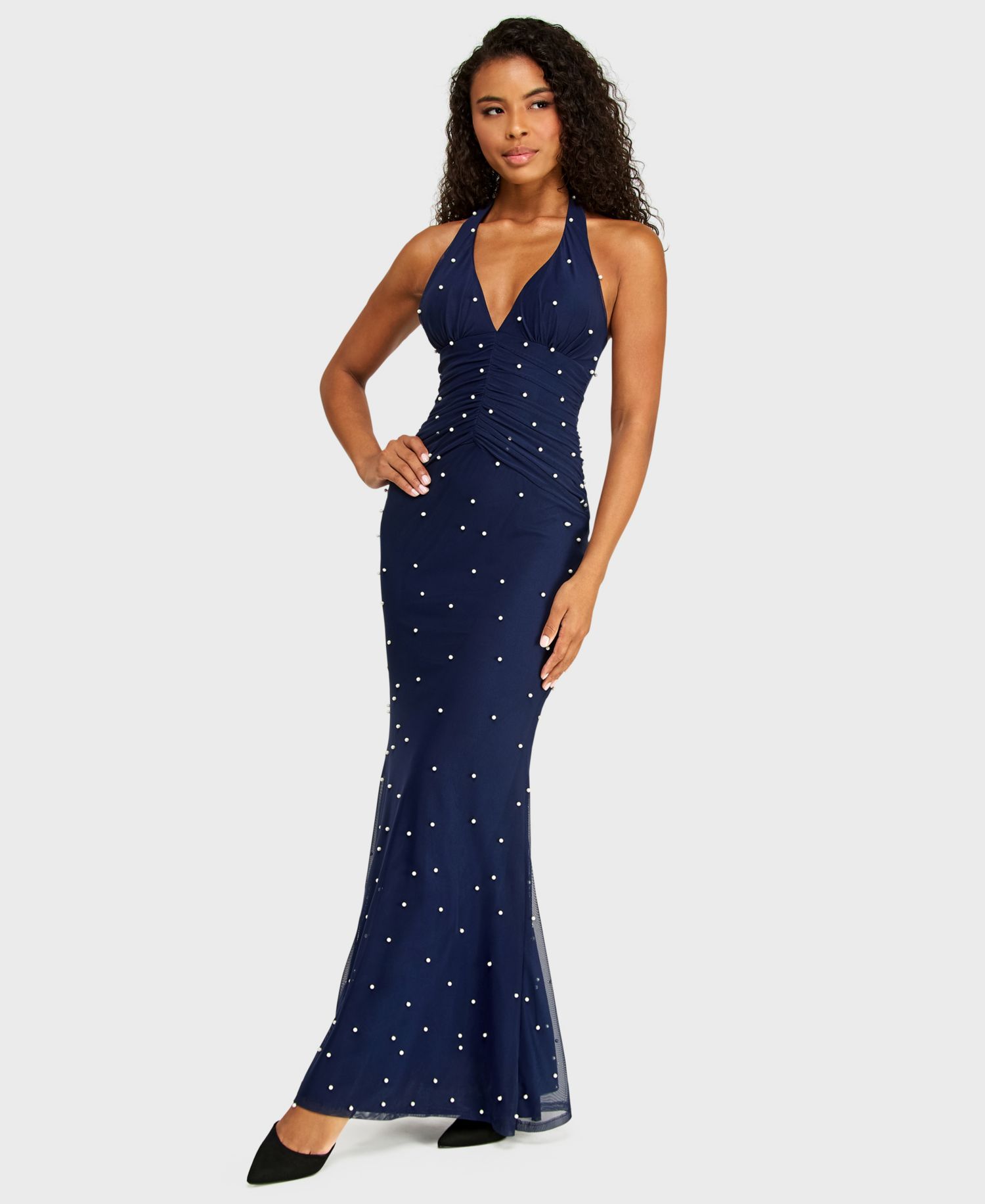 Juniors' Halter Mesh and Imitation Pearl Gown with Ruched Bodice