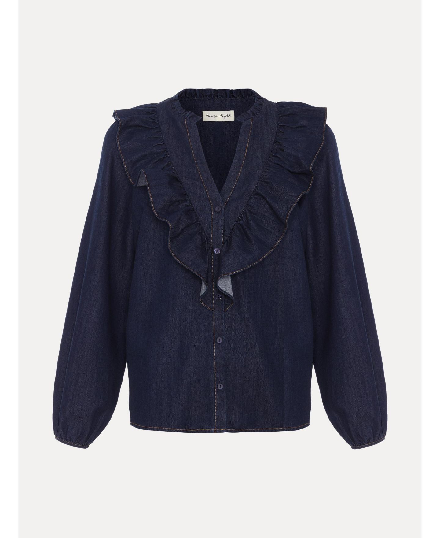 Женская блузка Phase Eight Alexia Denim Ruffle V-Neck, цвет: Средняя варка — фото 7