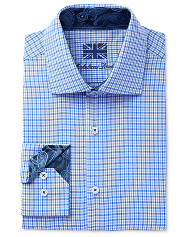 Michelsons of London Men's Slim-Fit Blue Textured Dobby Check Dress Shirt
