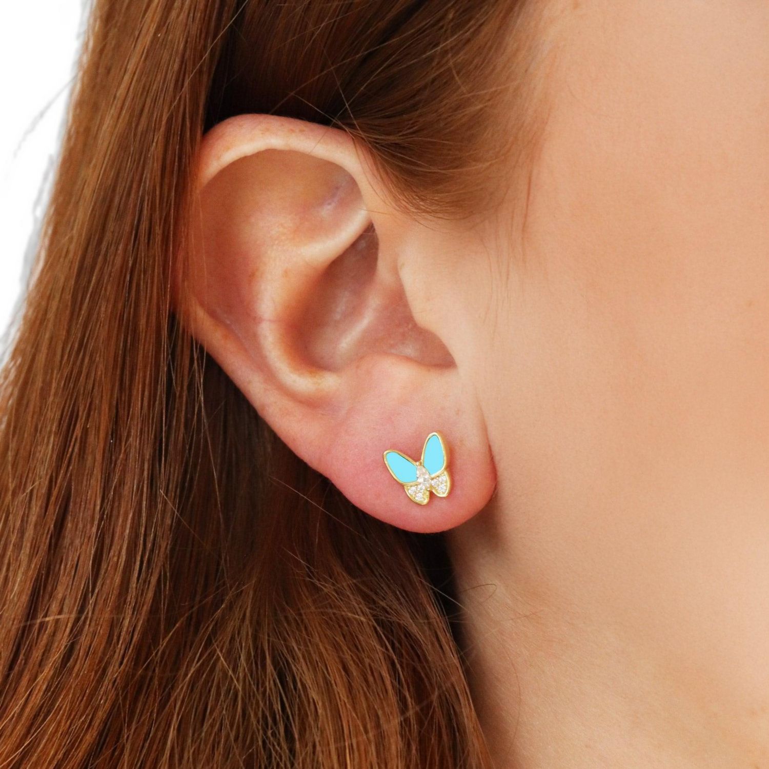 Turquoise CZ Butterfly Stud Earrings 14K Gold-Plated Sterling Silver
