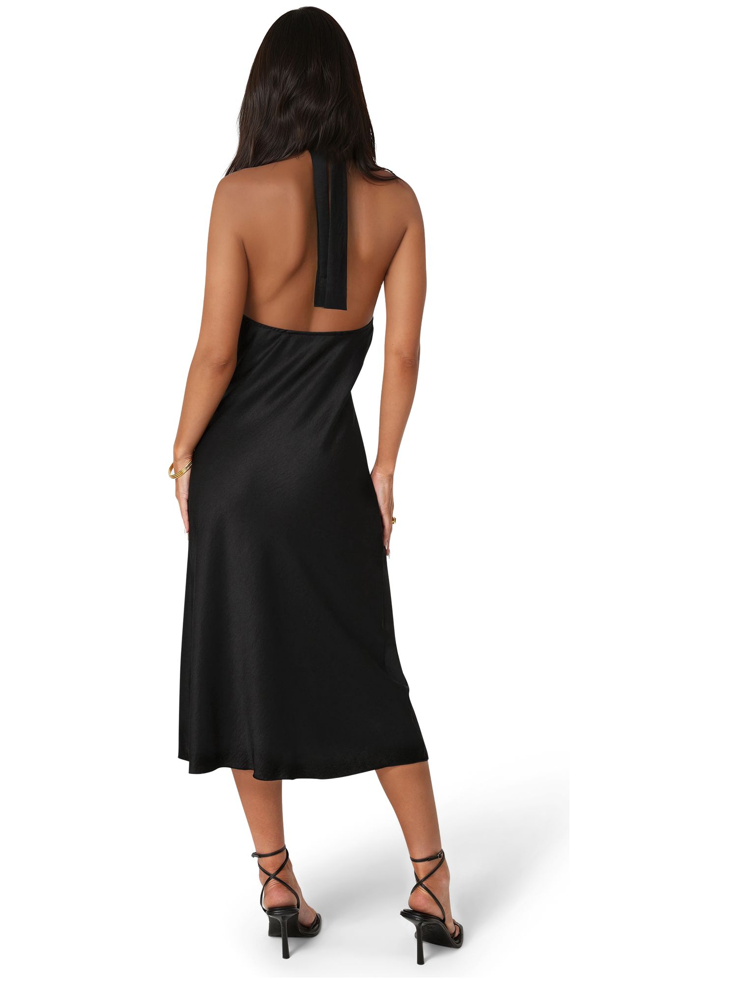 Women's Satin Halter Front Cowl Neck Midi Dress