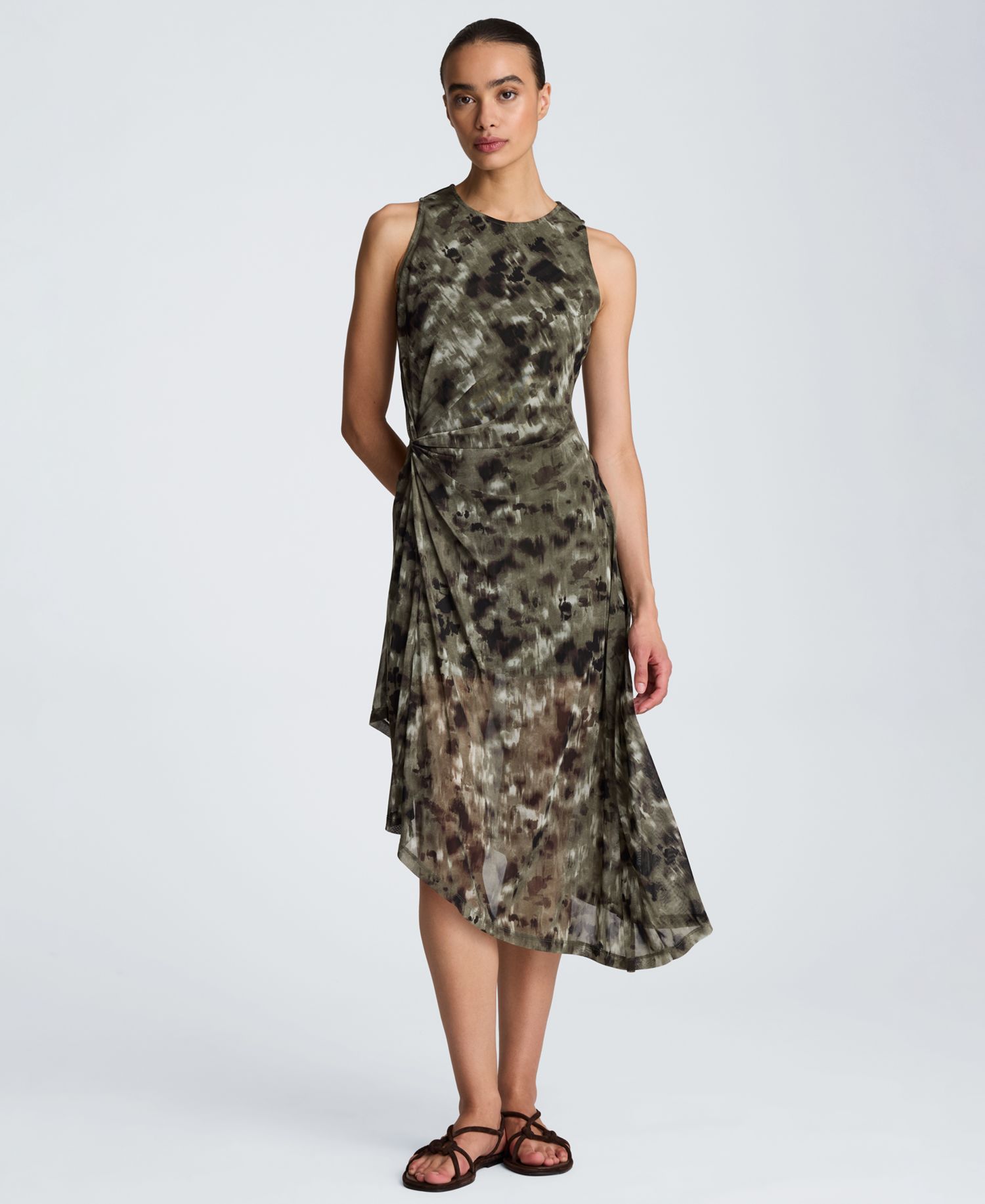 Women's Sheer Mesh Overlay Asymmetric Hem Midi Dress