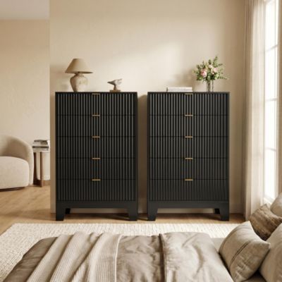 2 Set of 5 Drawer Dresser with Wave Pattern, Vertical Storage Tower with Gliding Drawers, Versatile Cabinet for Bedroom, Easy Assembly