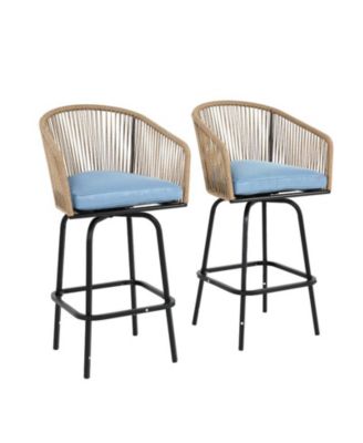 Outdoor Bar Stools Set of 2, Rattan Bar Chairs with Armrests and Backrest for Patio or Garden