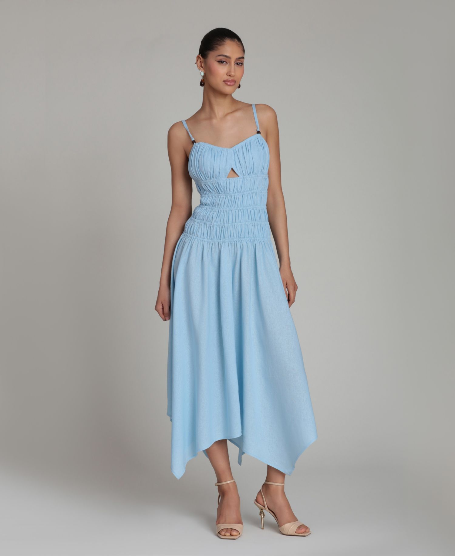 Women's Shirred Handkerchief Hem Linen Blend Asymmetric Midi Dress