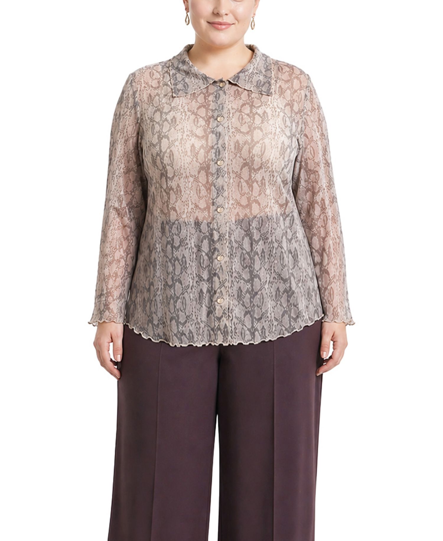 Plus Size Python Mesh Button-Front Shirt