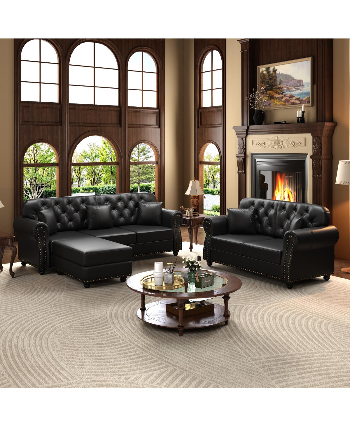 Streamdale Furniture Faux Leather Chesterfield Sofa with Nailhead Trim and 2 Pillows