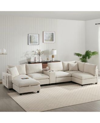 '' U-Shaped Modular Corduroy Sectional Sofa with Storage and USB Charger