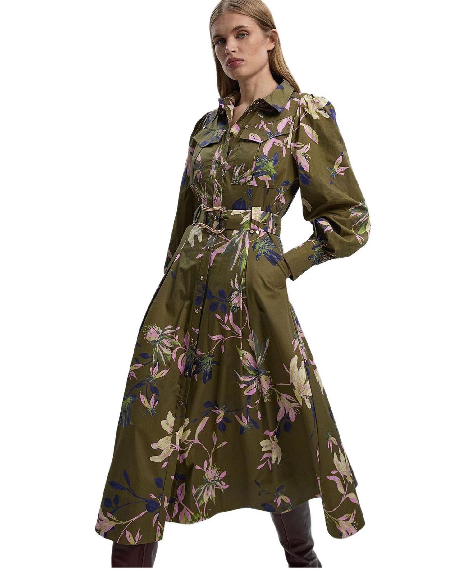 Women's Floral Cotton Sateen Midi Shirt Dress