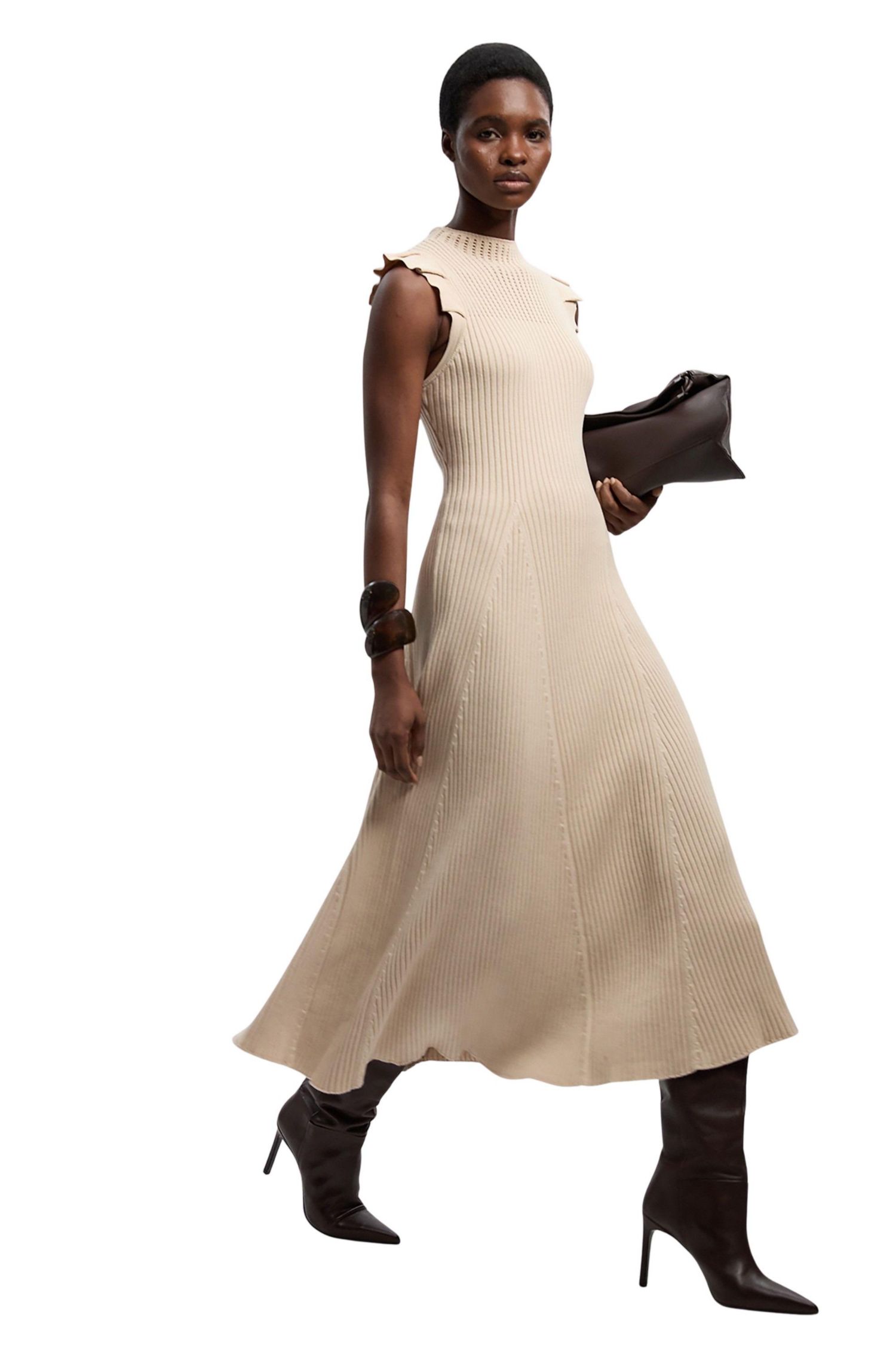 Women's Pointelle Frill Sleeve Knit Midi Dress