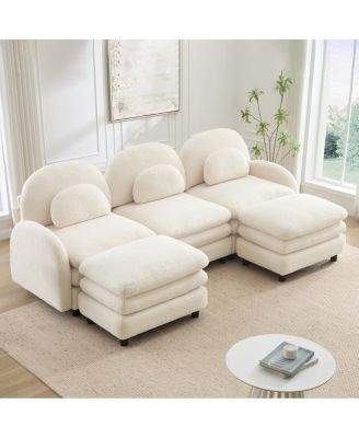 Teddy Fabric 3-Seat Modular Sofa with 2 Ottomans and Lumbar Pillows