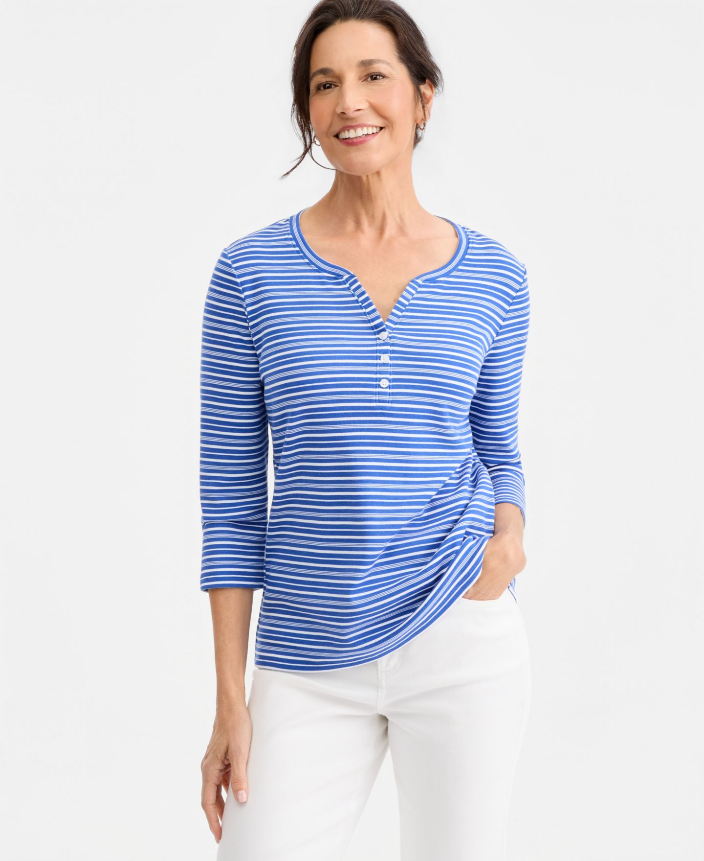 Женский топ Style & Co Printed 3/4-Sleeve Henley Top, цвет: Tanzanite — фото 1