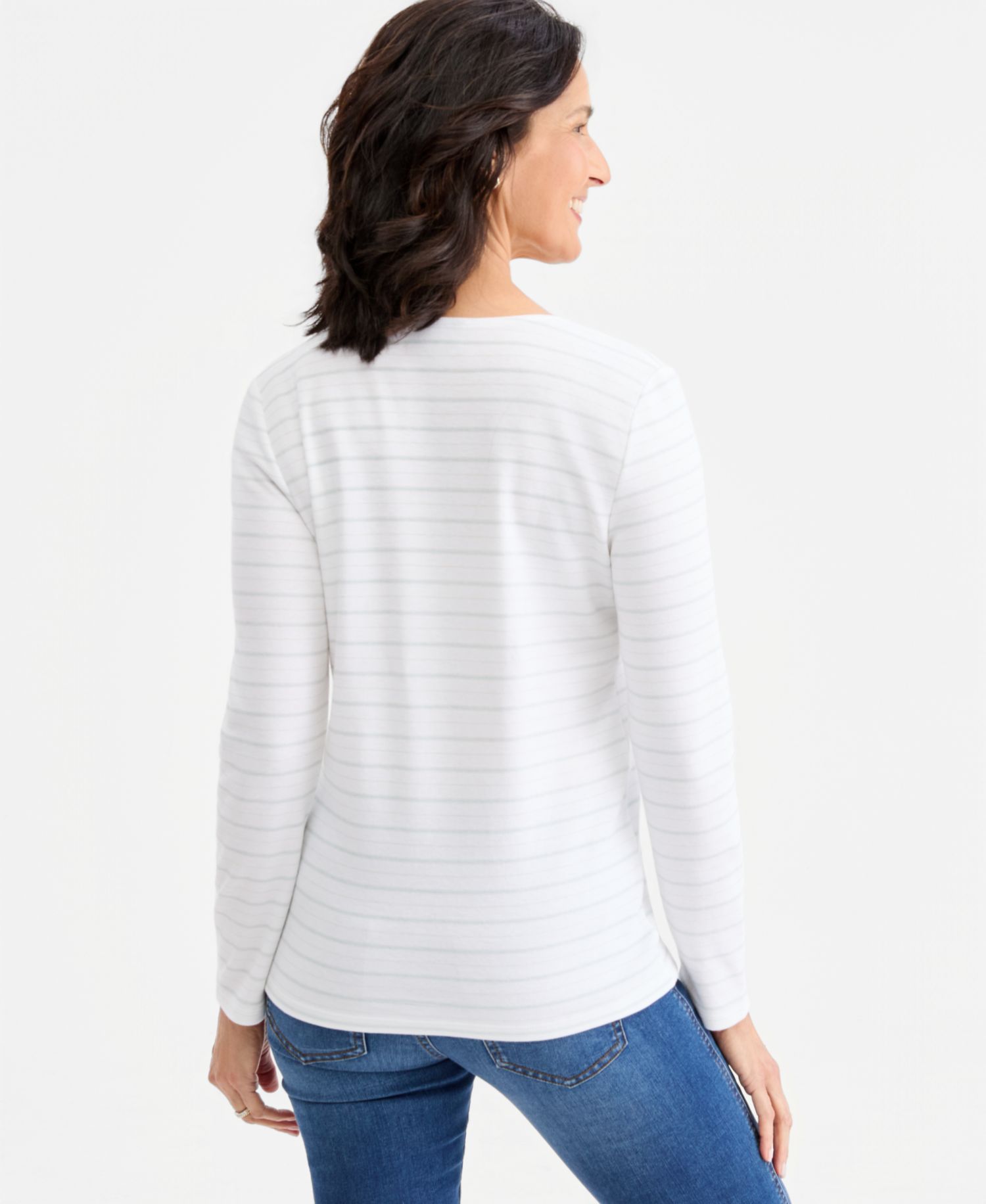 Petite Cotton-Blend Scoop Neck Long-Sleeve Double-Stripe T-Shirt