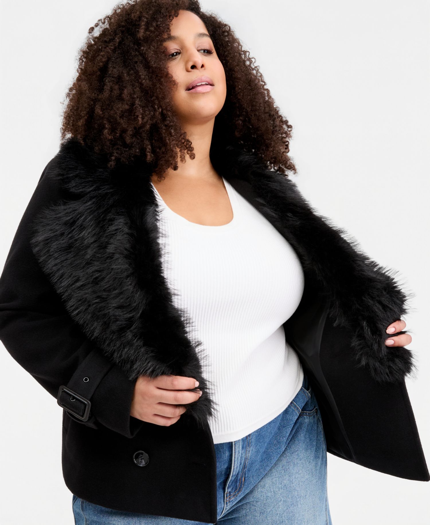Plus Size Faux-Fur-Collar Peacoat