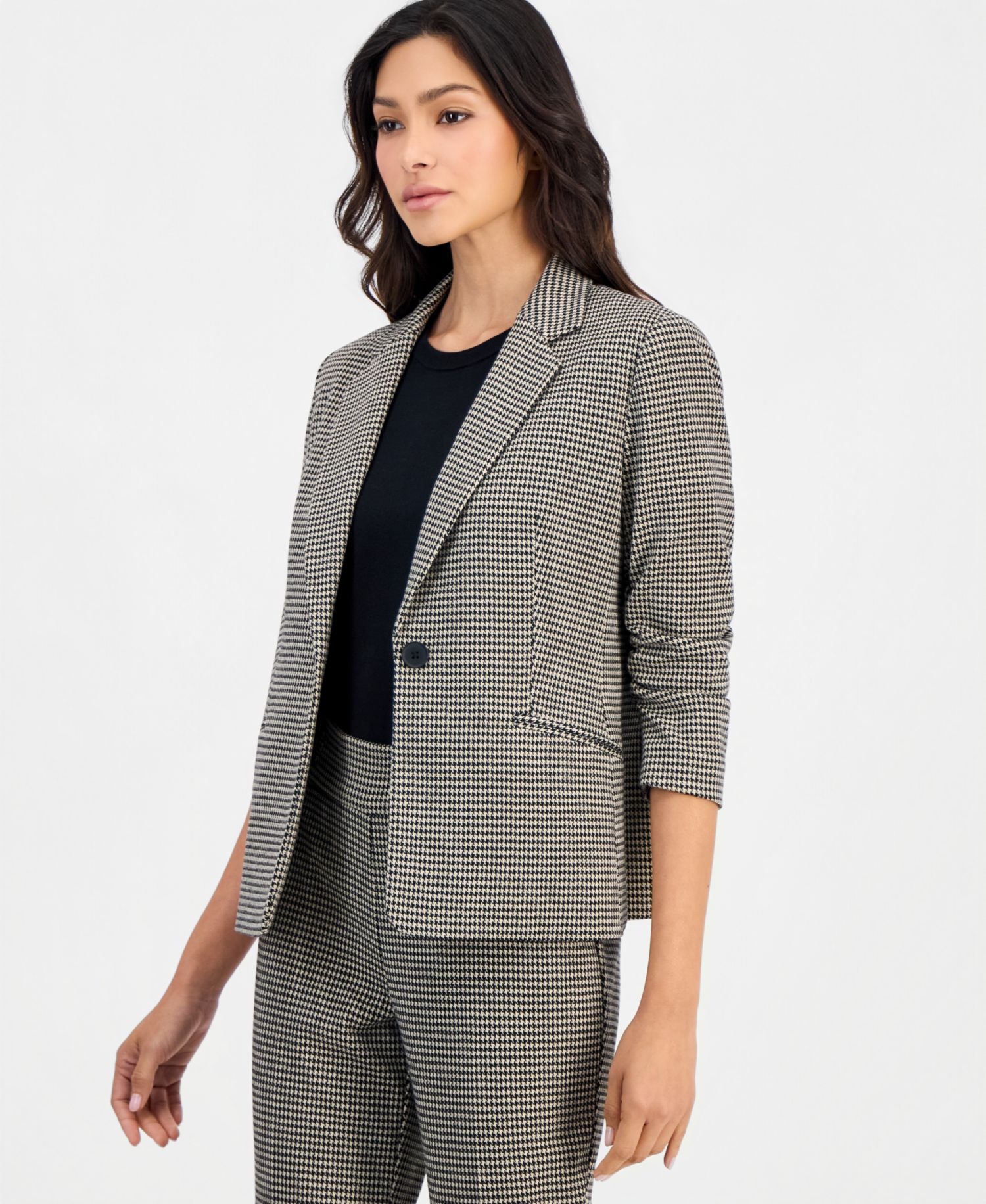 Petite Houndstooth Pull-On Mid-Rise Trouser, 28-1/2" Inseam