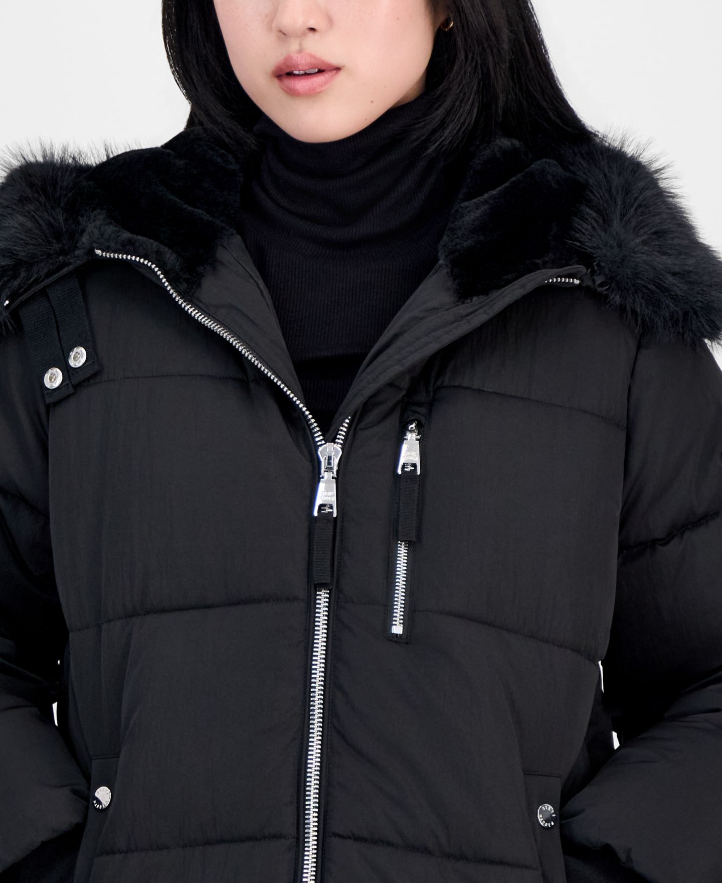 Женская куртка Steve Madden Hooded Faux-Fur-Trim Puffer, цвет: Чёрный — фото 2