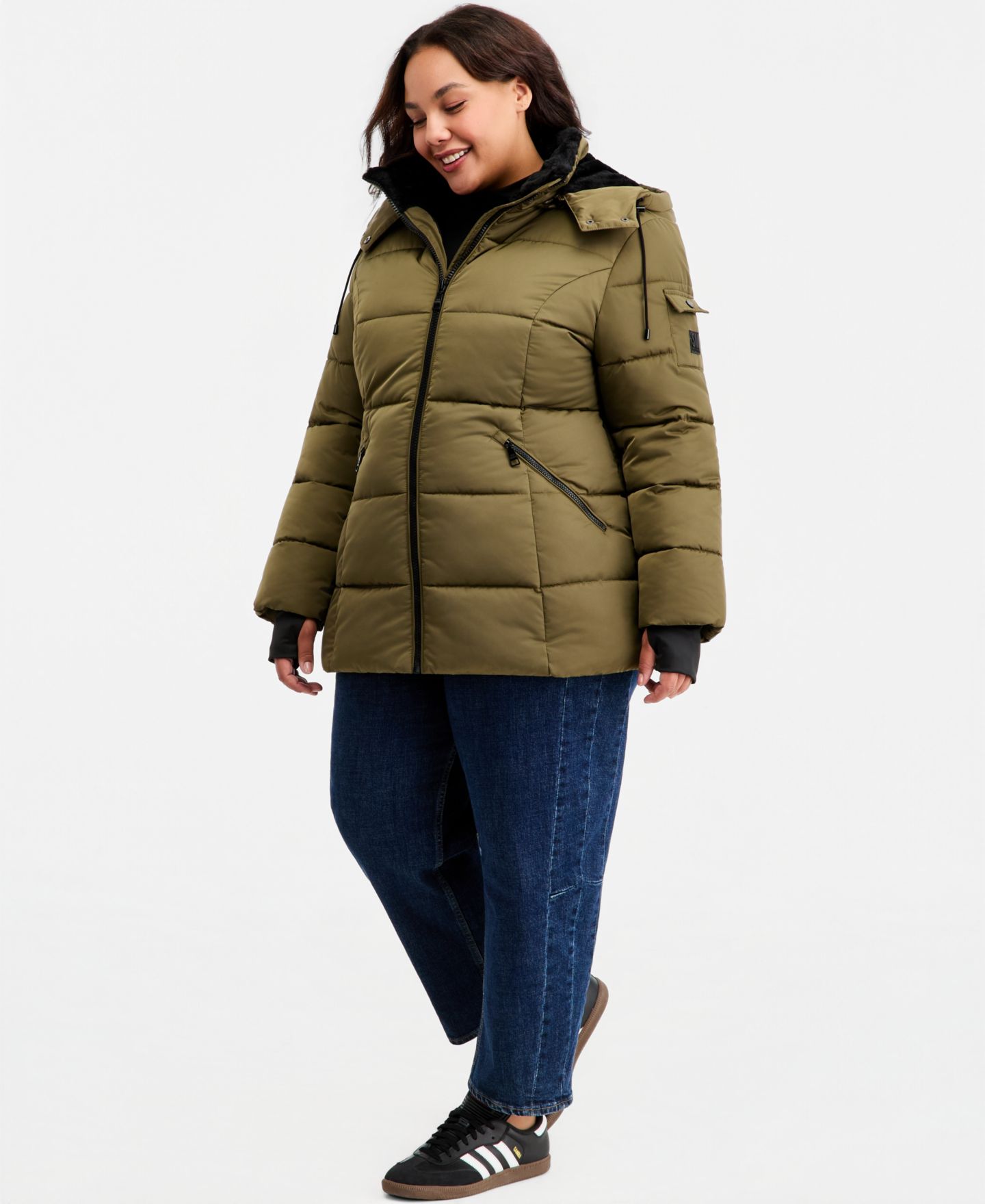 Женская куртка Steve Madden Plus Size Hooded Quilted Puffer, цвет: Оливковый — фото 2