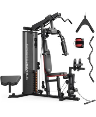 Home Gym Station with Mesh Cover, 150LBS Weight Stack Multifunctional Workout Equipment with Leg Press for Full Body Strength Training