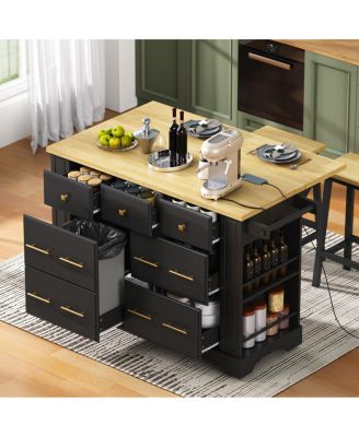 Kitchen Island with Drop Leaf, 6 Drawers, Trash Storage and Power Outlet