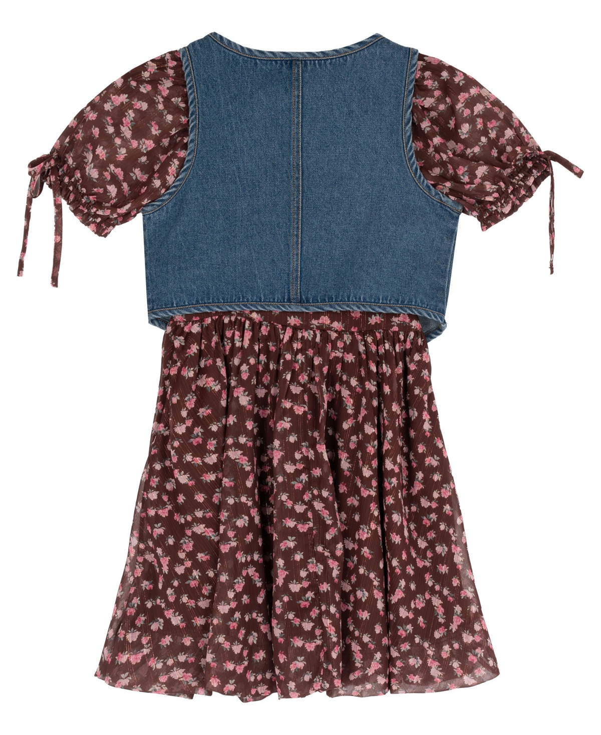 Rare Editions Girls' 7-16 Vest and Printed Puff Sleeves Smocked Dress, 2-Piece Set