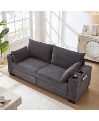 78" Modern Corduroy 3-Seater Sofa with USB, Cup Holders, and Side Pocket