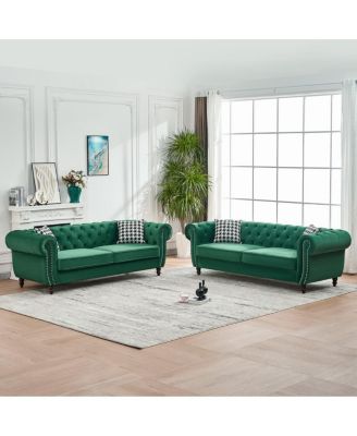 Chesterfield 3+3 Seater Velvet Sofa with Roll Arms and Nailhead Trim