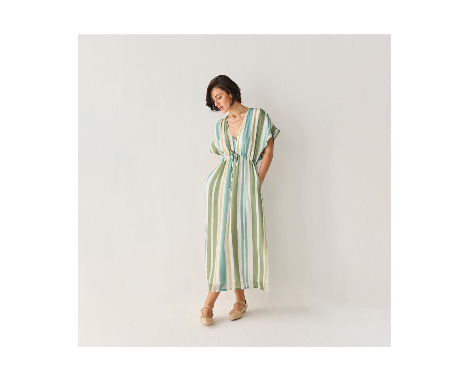 Women's Striped Drawstring Waist Maxi Dress